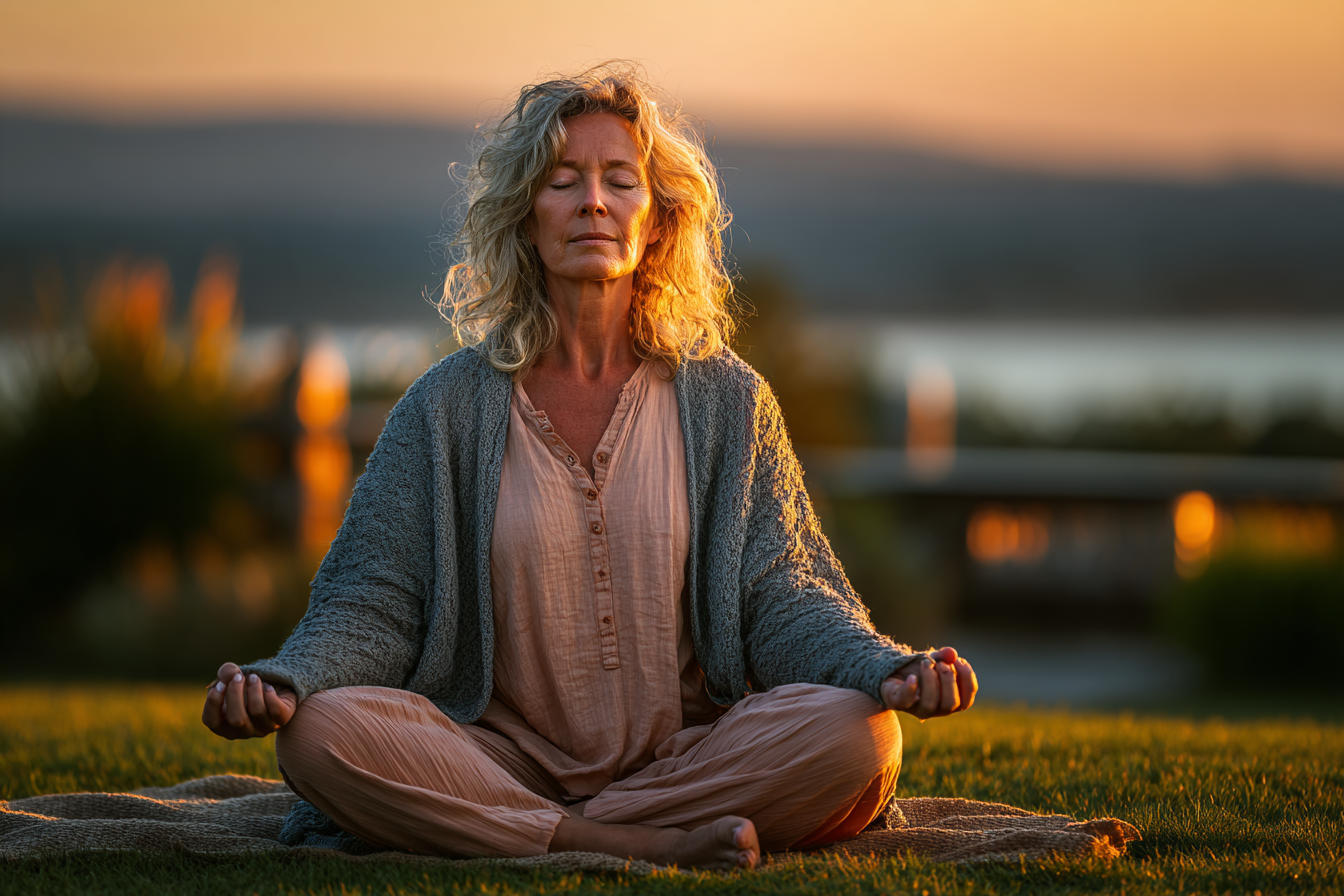 Досвідчений інструктор йоги проводить заняття для групи людей старшого віку біля озера в ранкових променях сонця